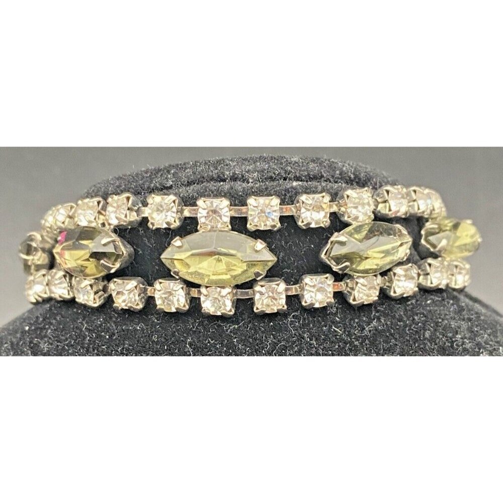 Rhinestone Bracelet Fancy All Prong Set Glass Stone Smokey Green Vintage Retro